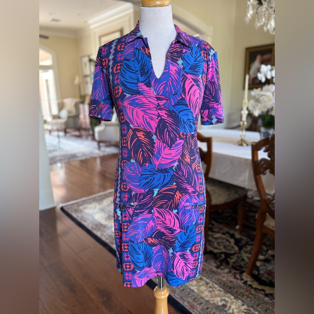 Tori Richard Blue and Pink Palm Leaf Print Dress